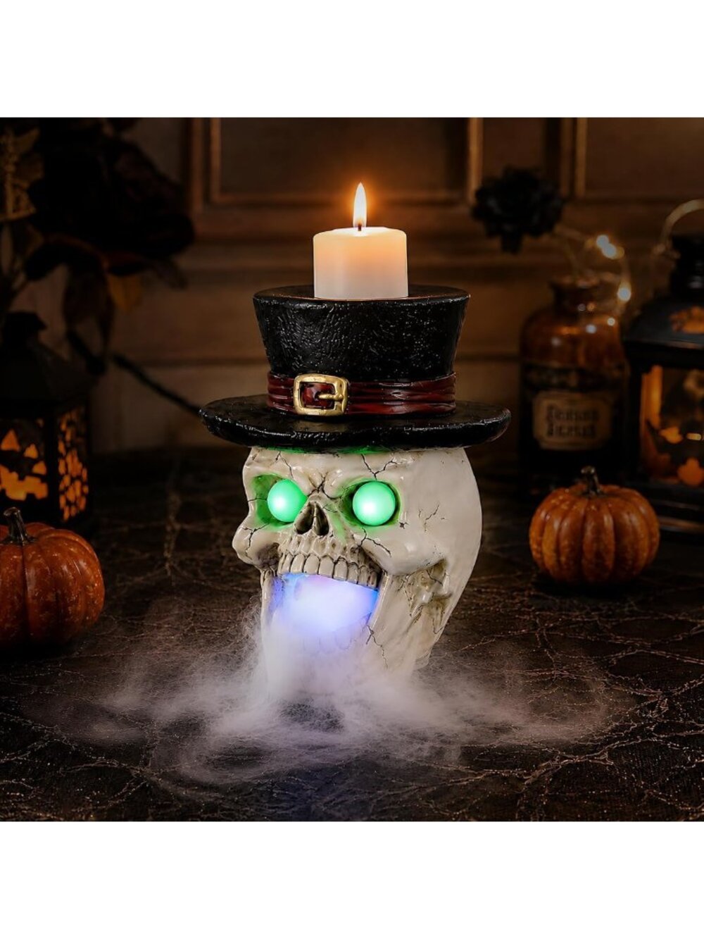Light-Up Halloween Skull Statue with Mist Maker & Candle Holder - Spooky Decor